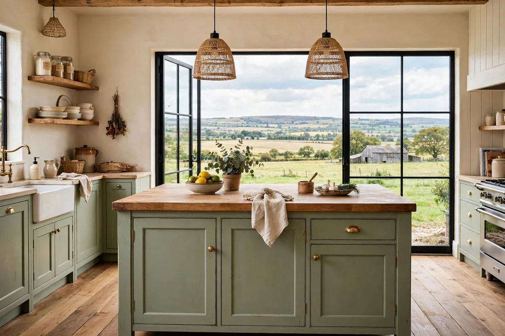 Farmhouse kitchen island painted sage green with a butcher block top, cream walls, wood floor.