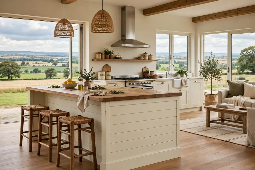 Farmhouse kitchen island with horizontal shiplap boards on the base, painted cream, open plan kitchen.