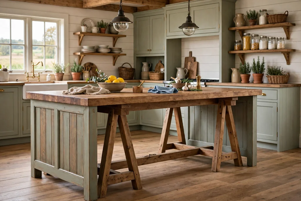 Farmhouse kitchen island on a trestle base with end panels and a stretcher bar, thick wood top.