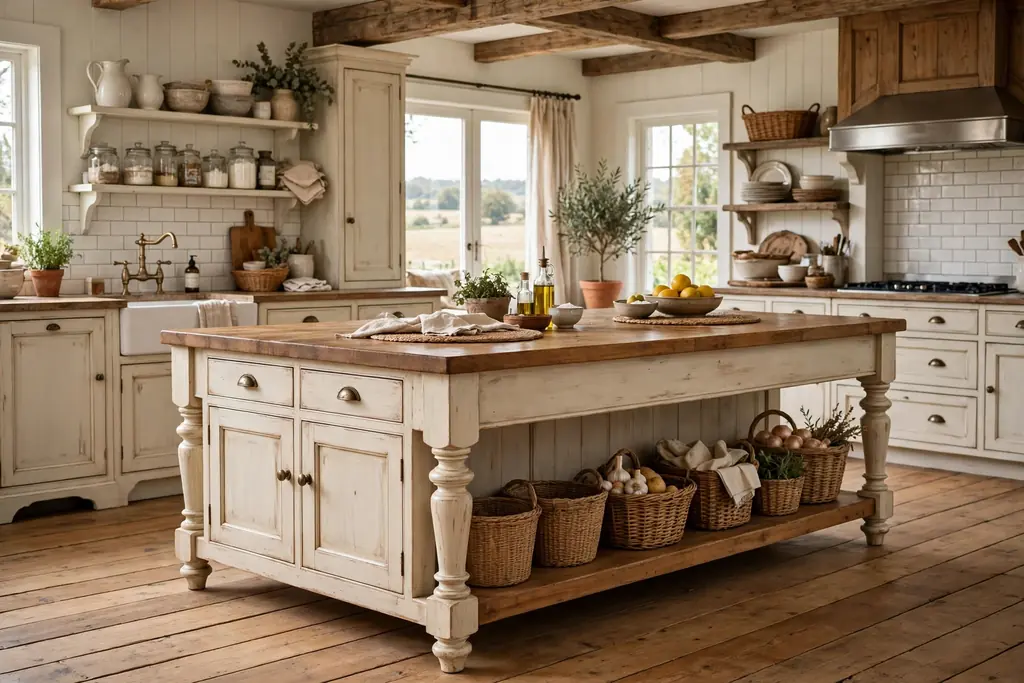 Furniture style farmhouse kitchen island with turned legs and a lower shelf holding baskets.