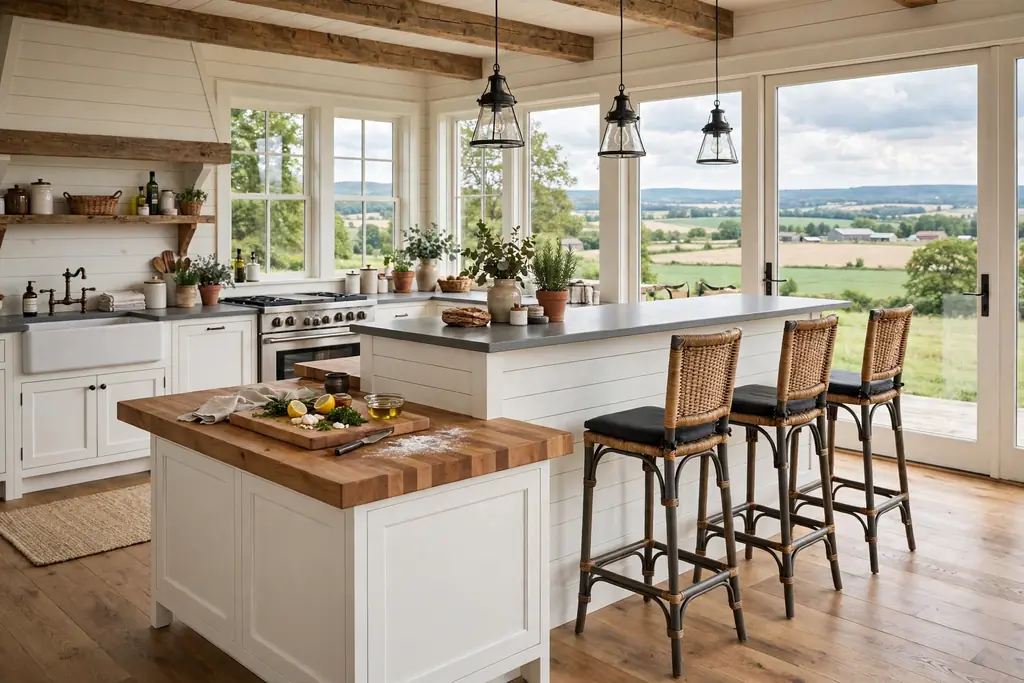 Two tier farmhouse kitchen island with a lower prep counter and a raised bar top, tall stools.