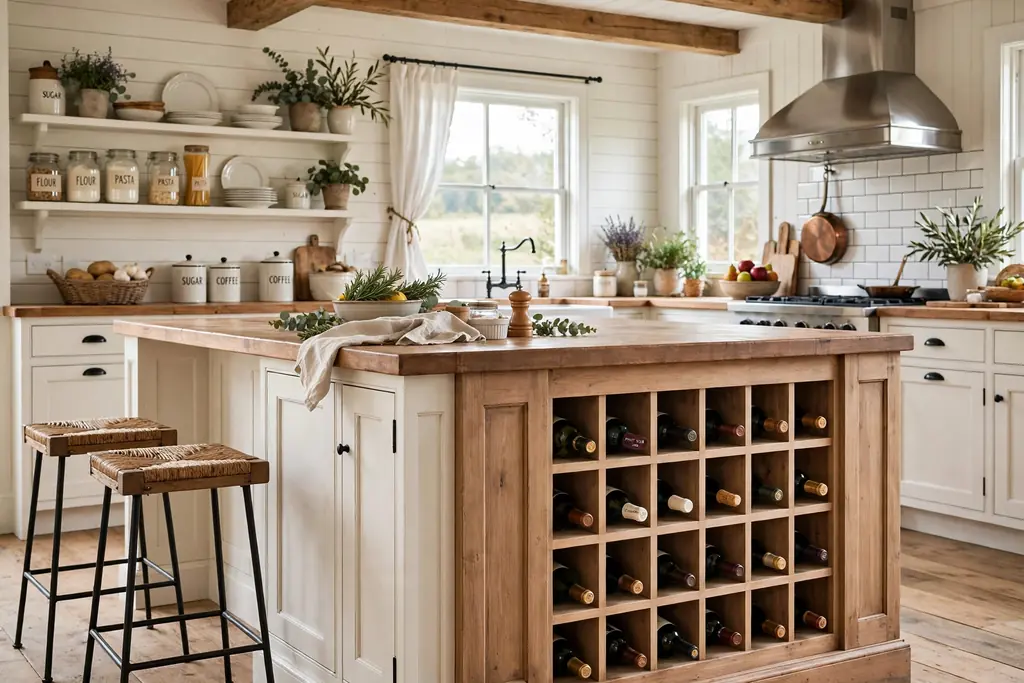 Farmhouse kitchen island end with a built in wine rack grid holding bottles on their sides.