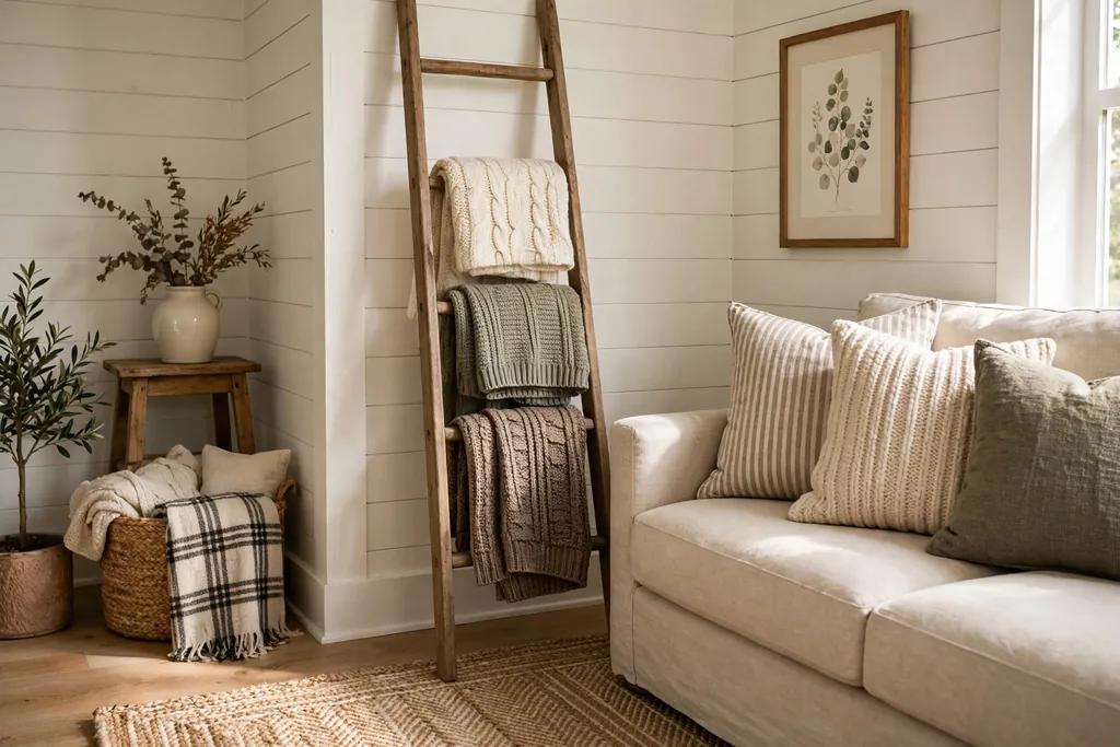 Farmhouse living room corner with a wood ladder holding folded throws.