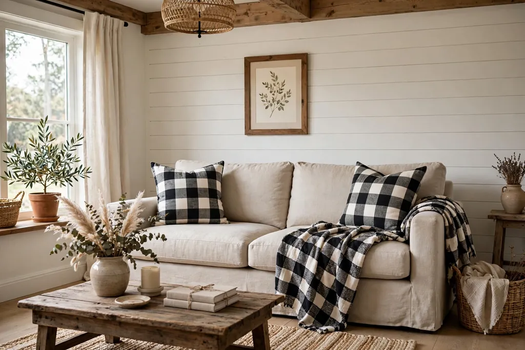 Farmhouse living room sofa with buffalo check pillows and a throw.