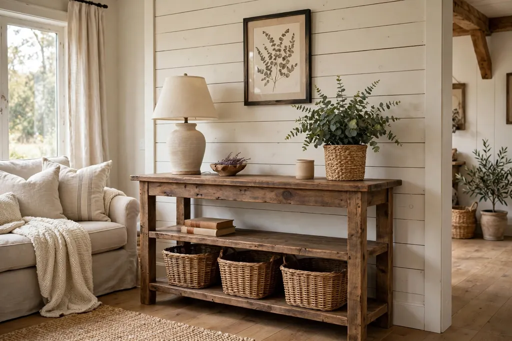 Farmhouse living room with a rustic wood console table and woven baskets.