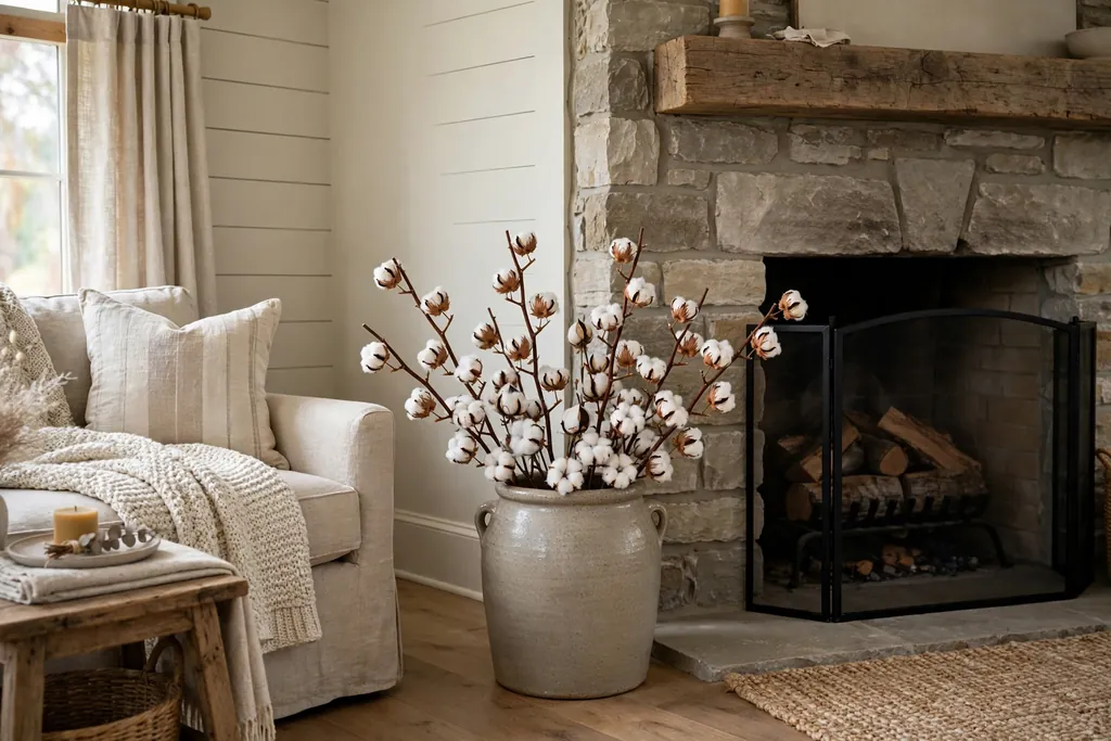 Farmhouse living room corner with cotton stems in a stoneware crock.