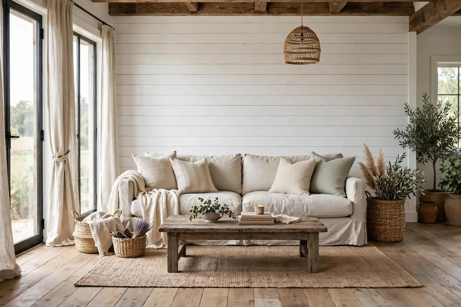 Wide farmhouse living room with a slipcovered sofa, reclaimed wood coffee table, and shiplap wall in daylight.
