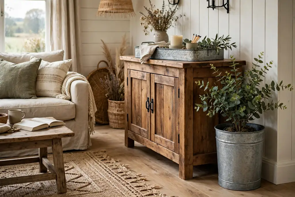 Farmhouse living room with a galvanized metal tray and planter.