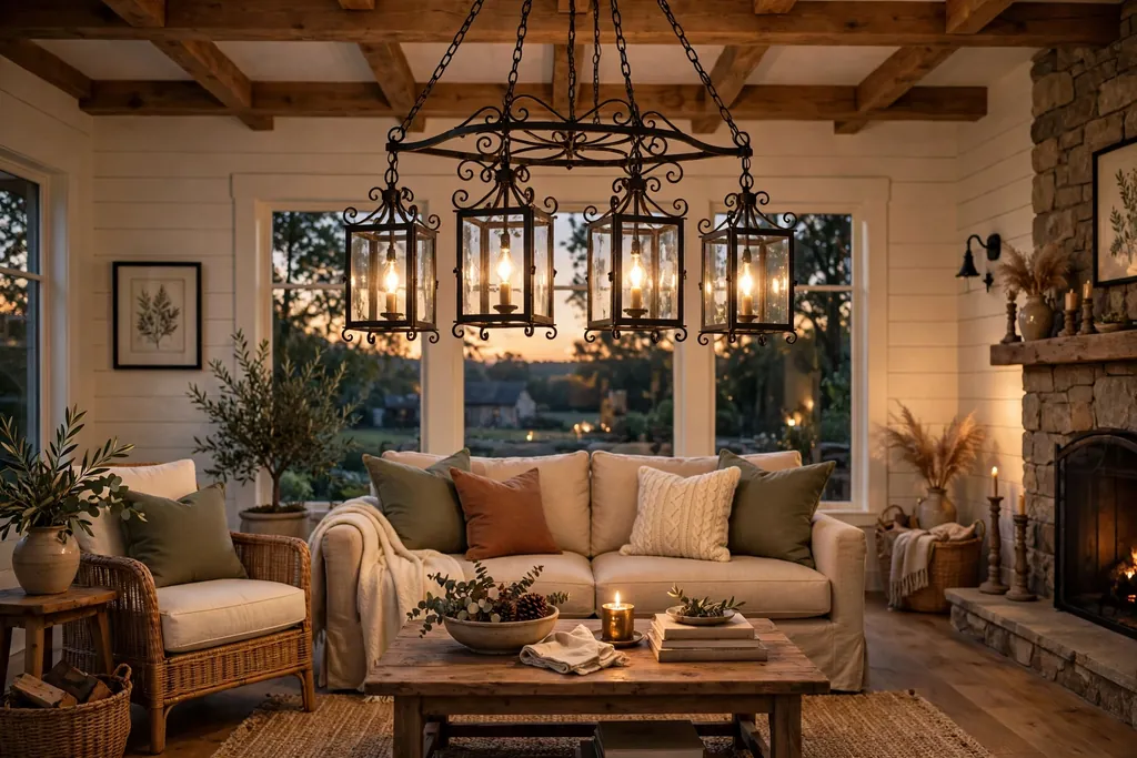 Farmhouse living room with a wrought iron lantern chandelier.