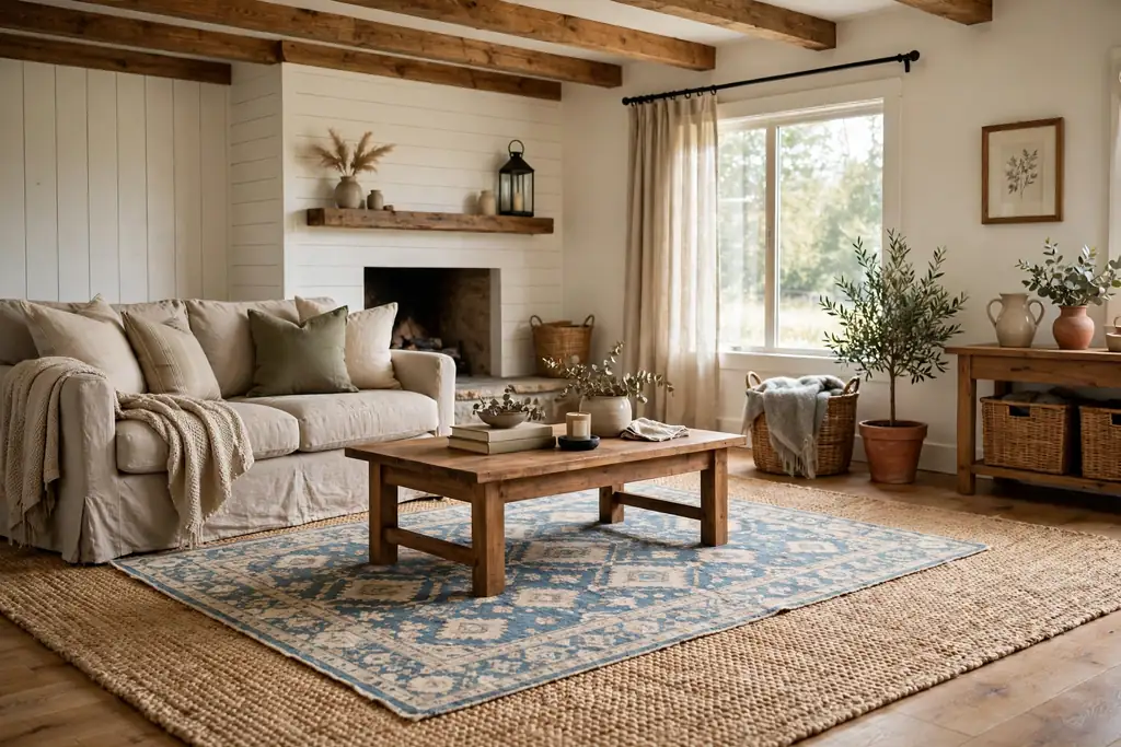 Farmhouse living room with a jute rug layered under a patterned rug.