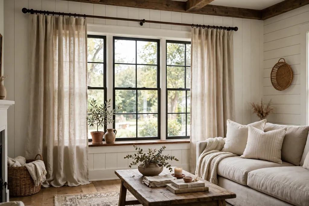 Farmhouse living room window with linen curtains on dark wood rods.