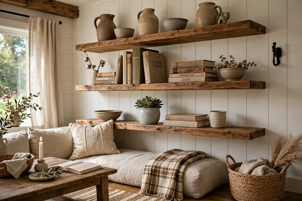 Farmhouse living room with open wood shelves holding stoneware and books.