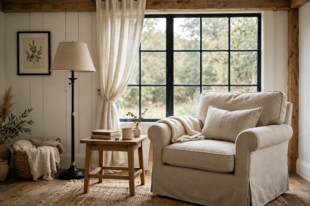 Farmhouse living room reading nook with a linen armchair by a window.