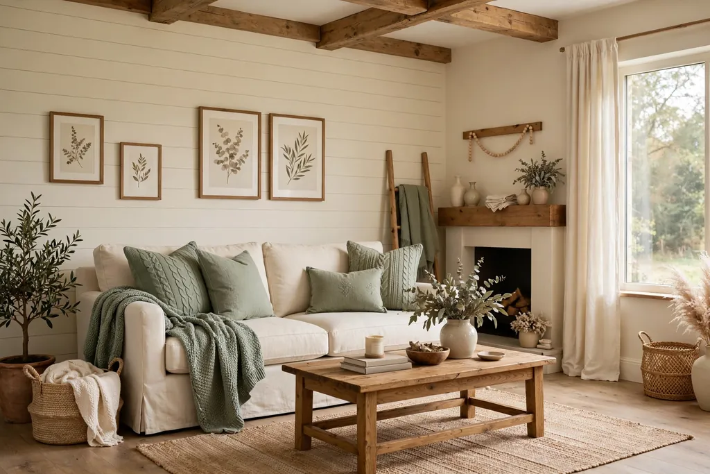 Farmhouse living room in cream and sage with sage pillows and wood accents.