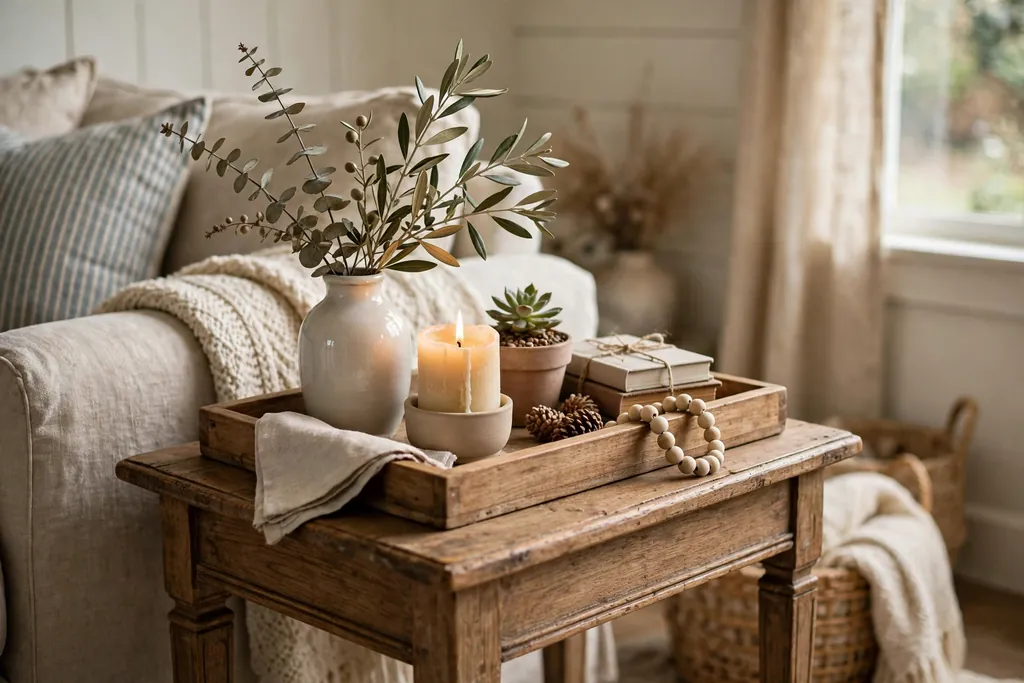 Farmhouse living room side table with a wood tray vignette and vase.