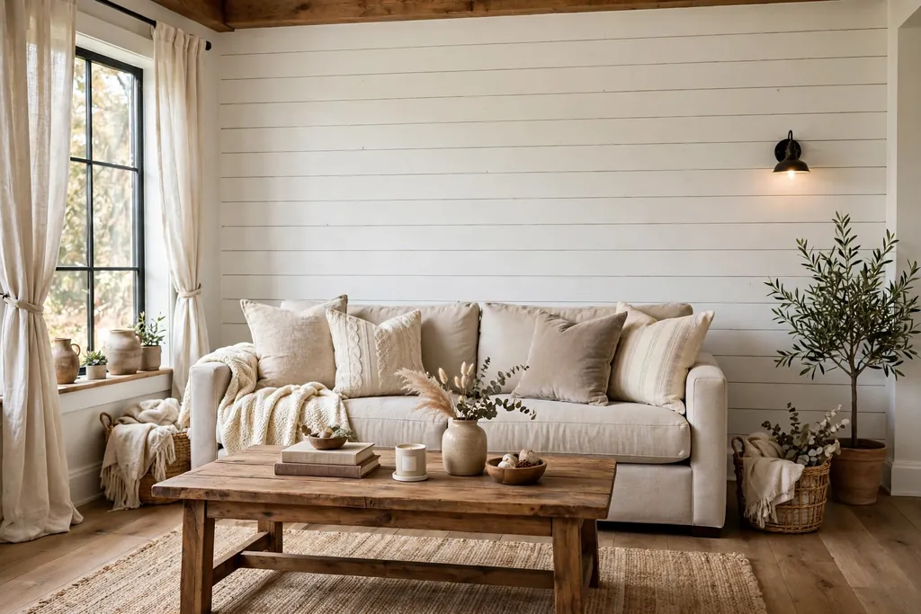 Farmhouse living room with a white shiplap accent wall behind a neutral sofa.
