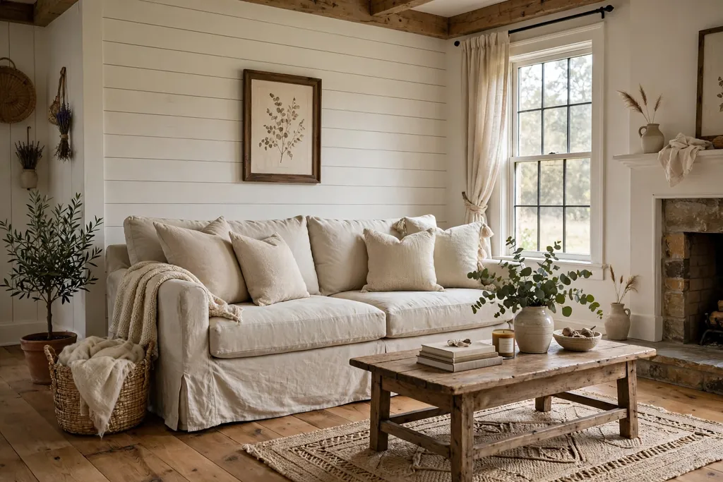 Farmhouse living room with a slipcovered sofa in washed oatmeal linen.
