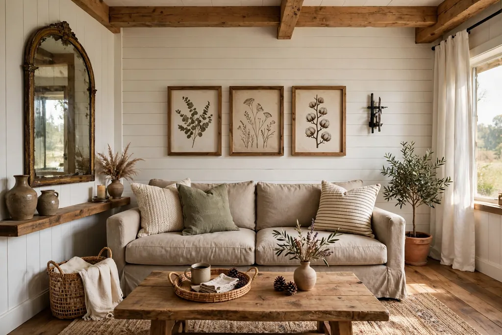 Farmhouse living room with a vintage arched mirror above a sofa.
