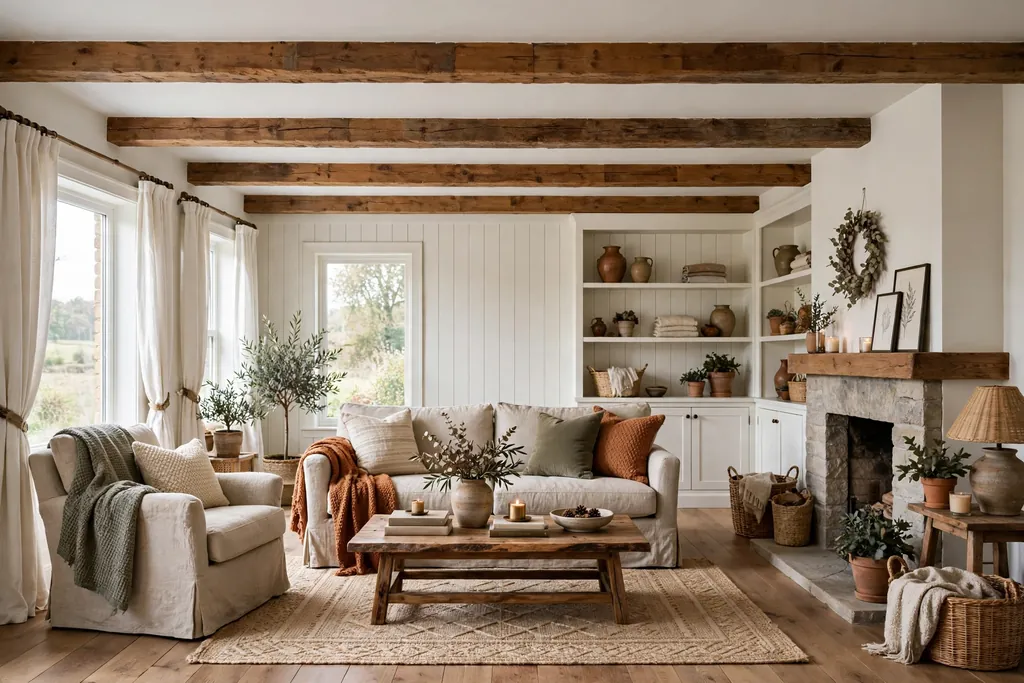 Farmhouse living room with warm wood beams on a white ceiling.
