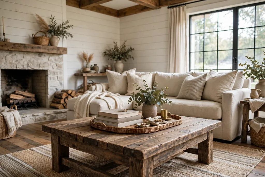Farmhouse living room with a thick reclaimed wood coffee table.