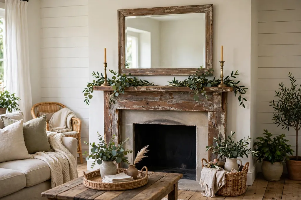 Farmhouse living room with a distressed wood mantel and mirror above it.