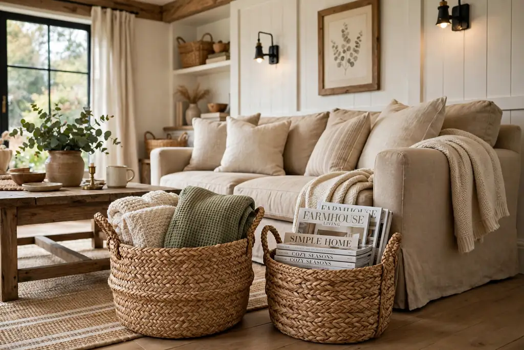 Farmhouse living room with woven seagrass baskets beside a sofa.