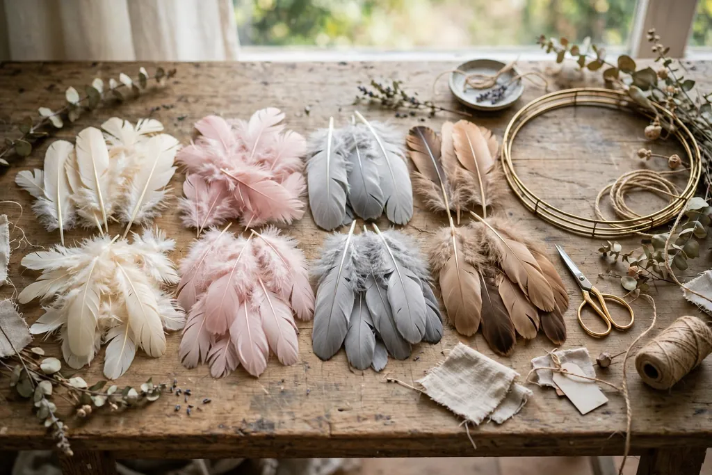 Craft feathers in cream, blush, pale gray, and natural tan arranged in color groups on a work table beside a round wreath frame.
