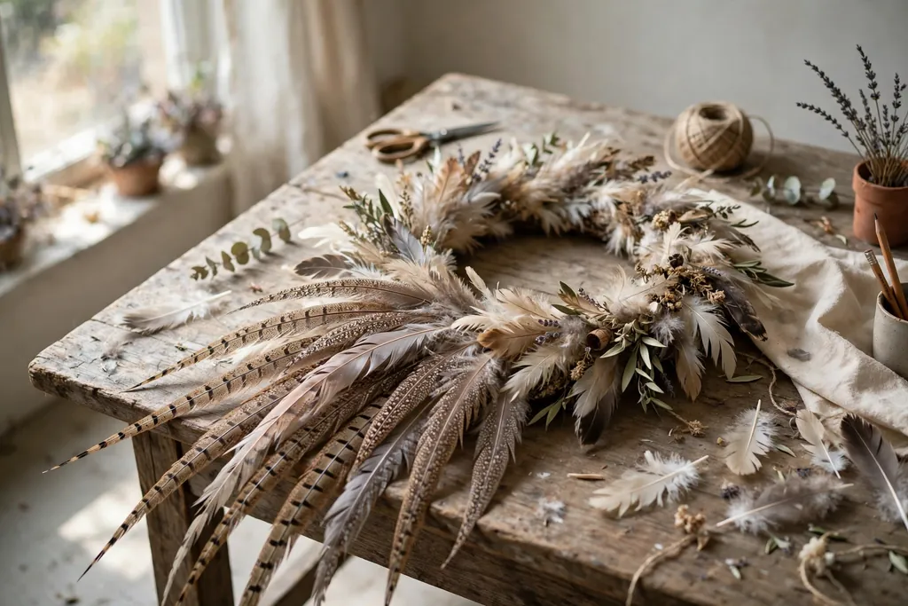 A feather wreath with a focal cluster of long statement plumes at the lower side, on a work table.