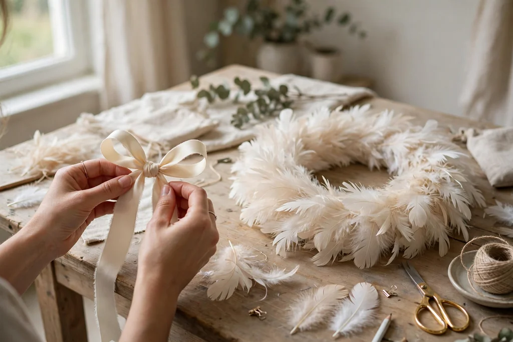 Hands forming a looped cream ribbon bow on a work table beside a finished feather wreath.