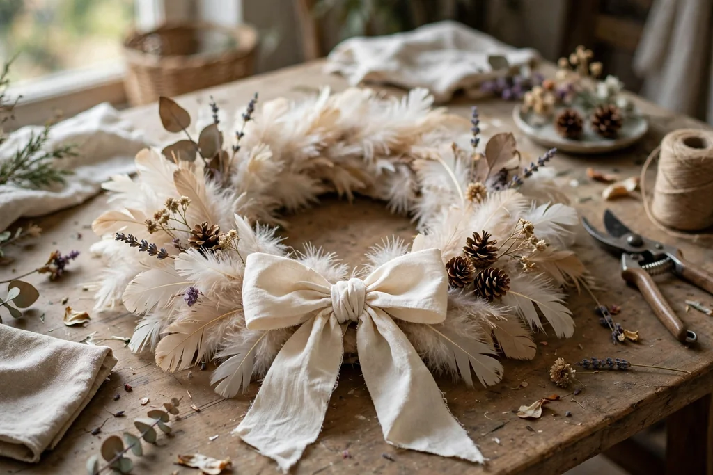 A feather wreath with a cream bow and a few dried flowers and small pinecones added as sparing seasonal accents.