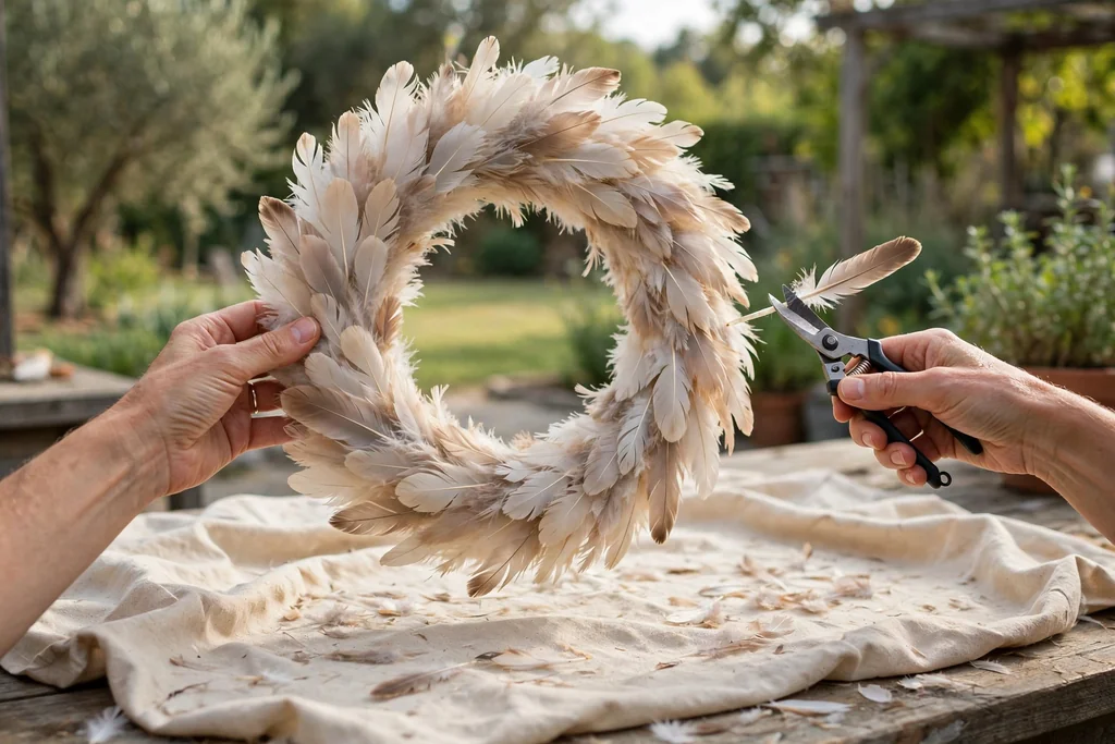 Hands trimming a stray quill tip on a finished feather wreath held upright over a drop cloth.