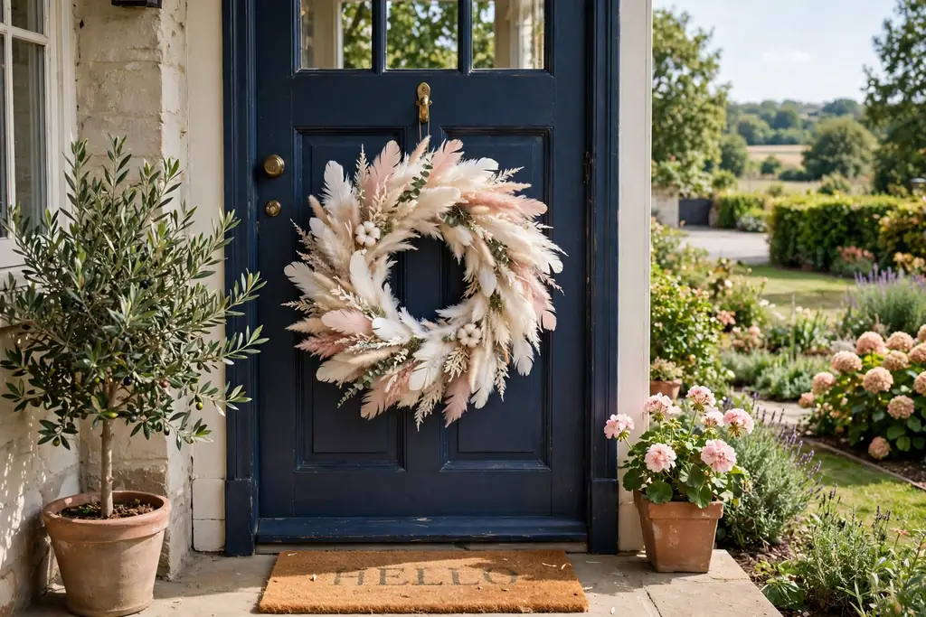 A finished soft feather wreath in cream and blush being hung on a front door hook.