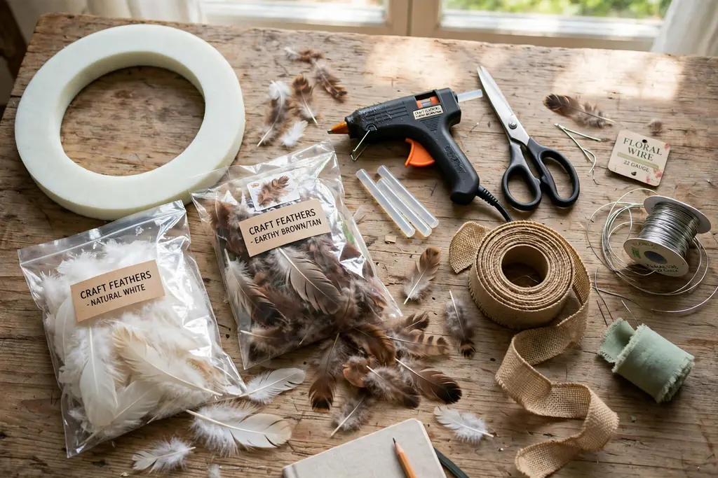 Feather wreath making supplies laid out on a work table: foam wreath frame, bags of craft feathers, glue gun, scissors, ribbon, and wire.