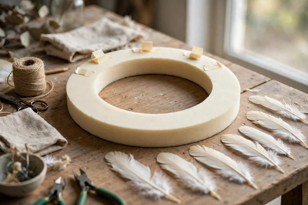A round foam wreath frame on a work table with small tape markers at the top and a few feathers laid out to plan the layout.