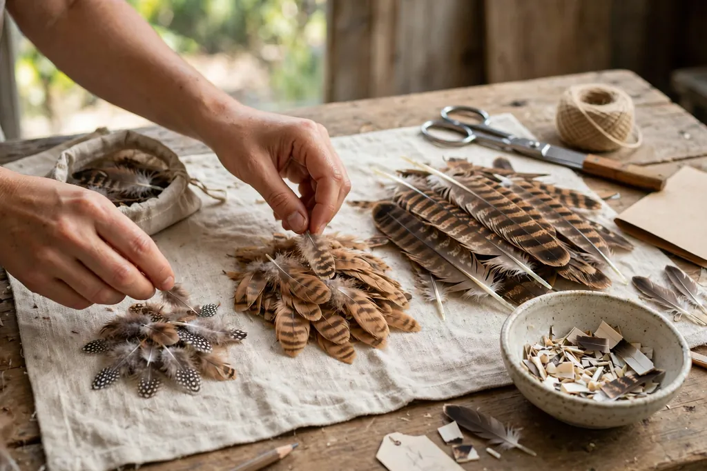 Hands sorting craft feathers into piles by size on a work table, with trimmed quill offcuts in a small bowl nearby.