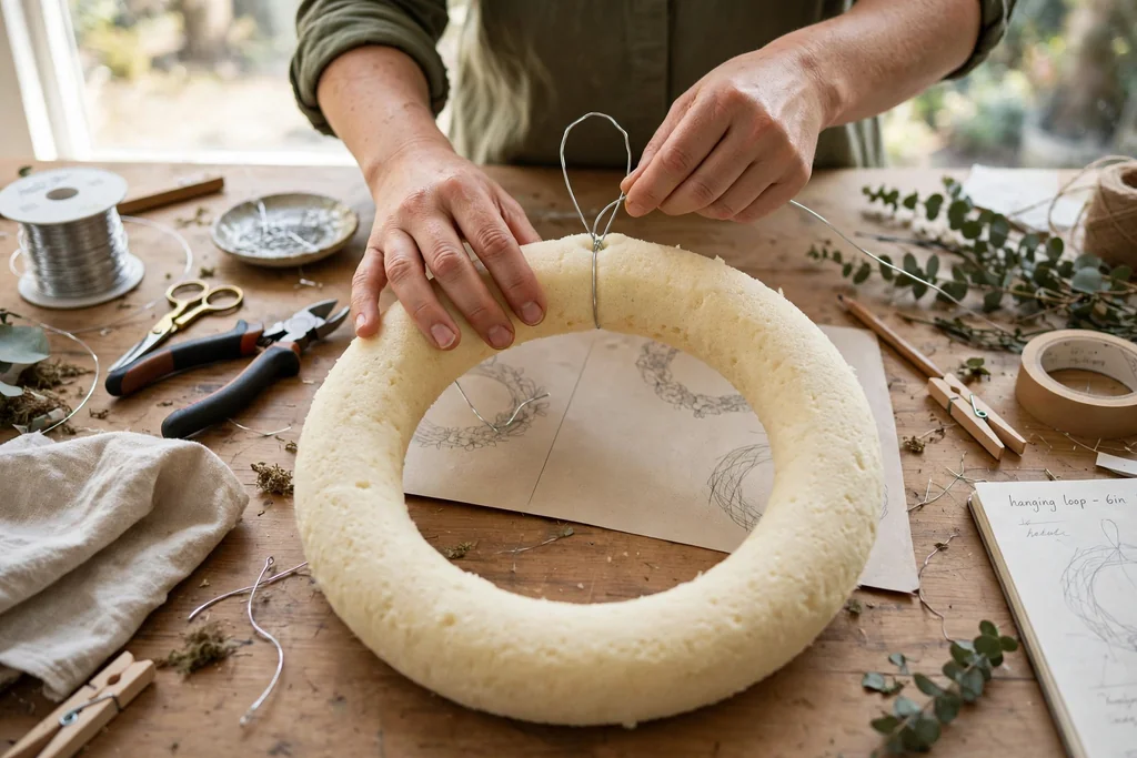 Hands threading a wire hanging loop through the top of a bare foam wreath frame.
