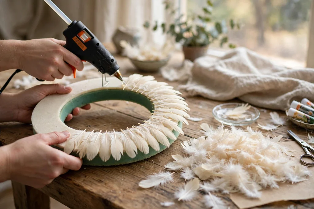 Hands gluing short cream body feathers onto a foam wreath frame in one direction, with more feathers waiting on the table.