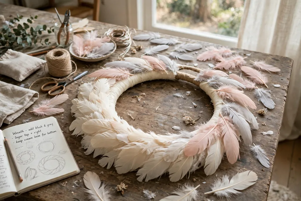 A half finished feather wreath with a main layer of medium blush and pale gray feathers being added over a cream base layer.
