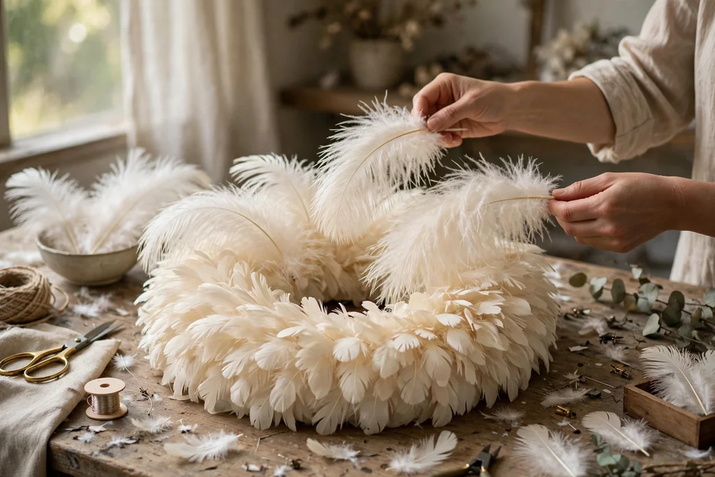 Hands adding long fluffy plumes as a second fuller layer on top of a nearly full feather wreath.