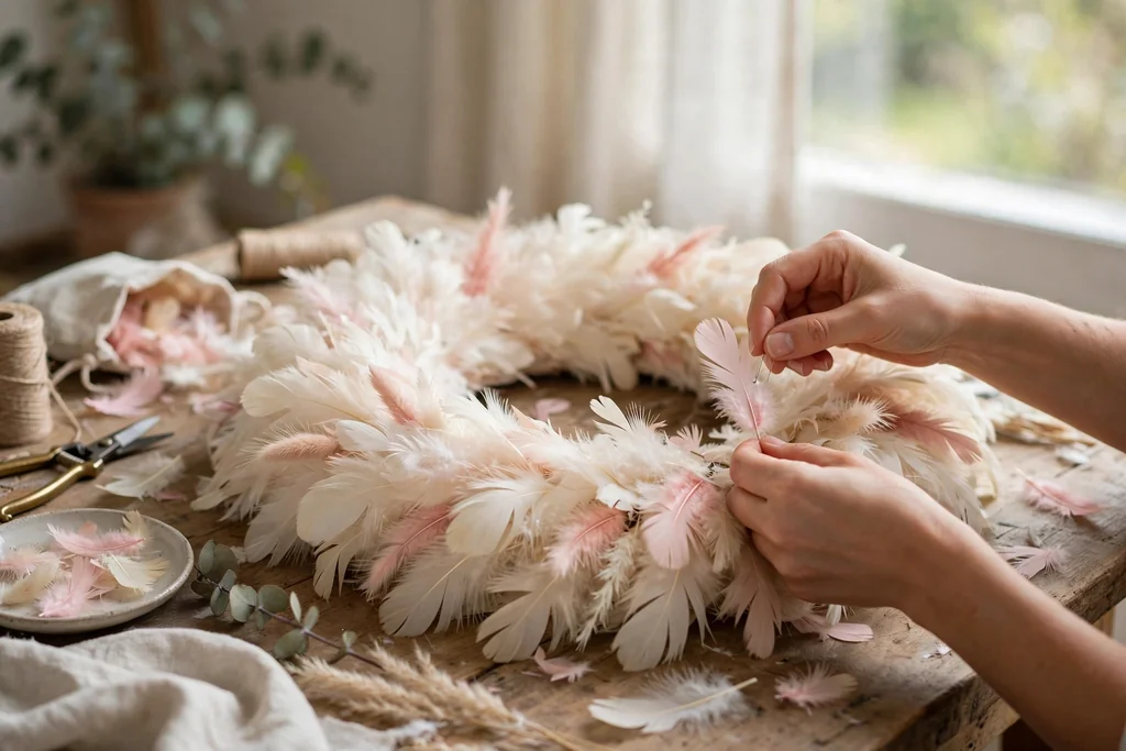 Hands tucking small accent feathers into gaps in a full cream and blush feather wreath.