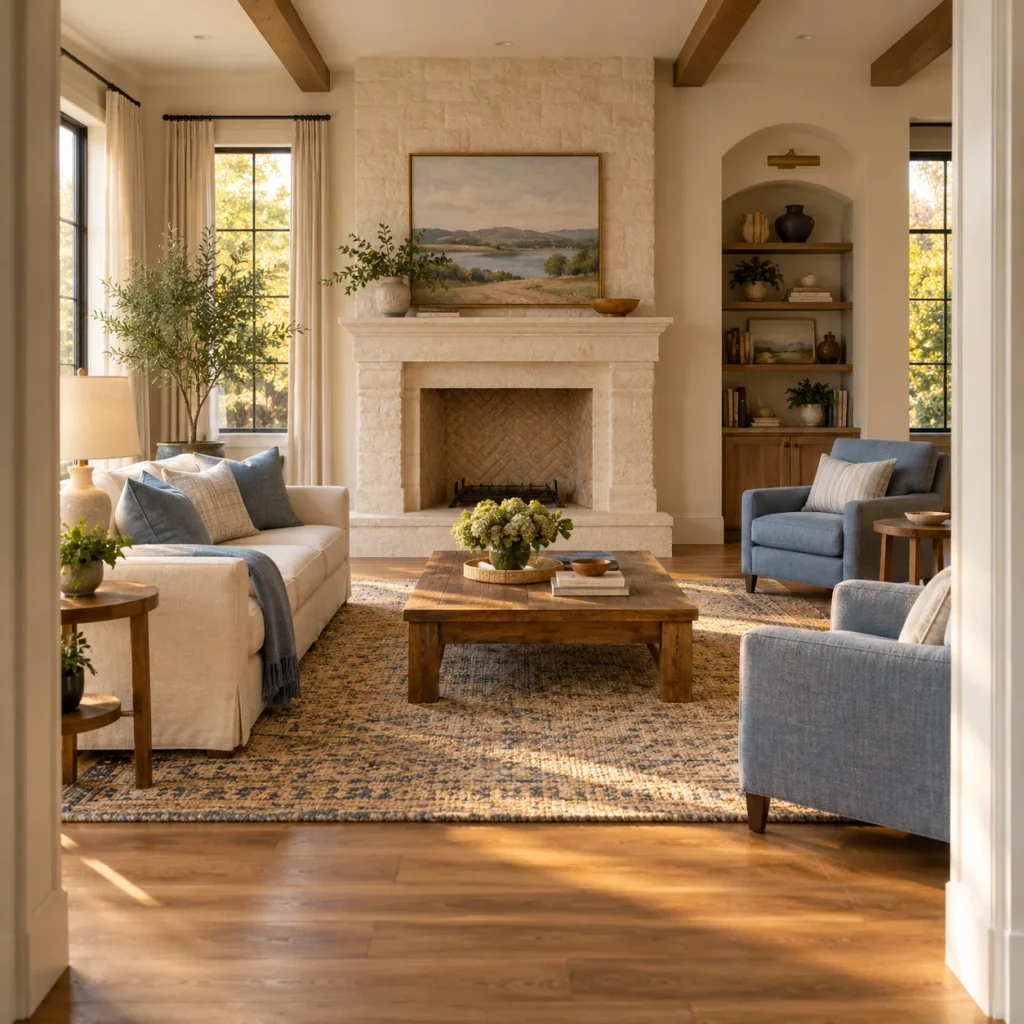 A furnished living room with a clear route around the seating.