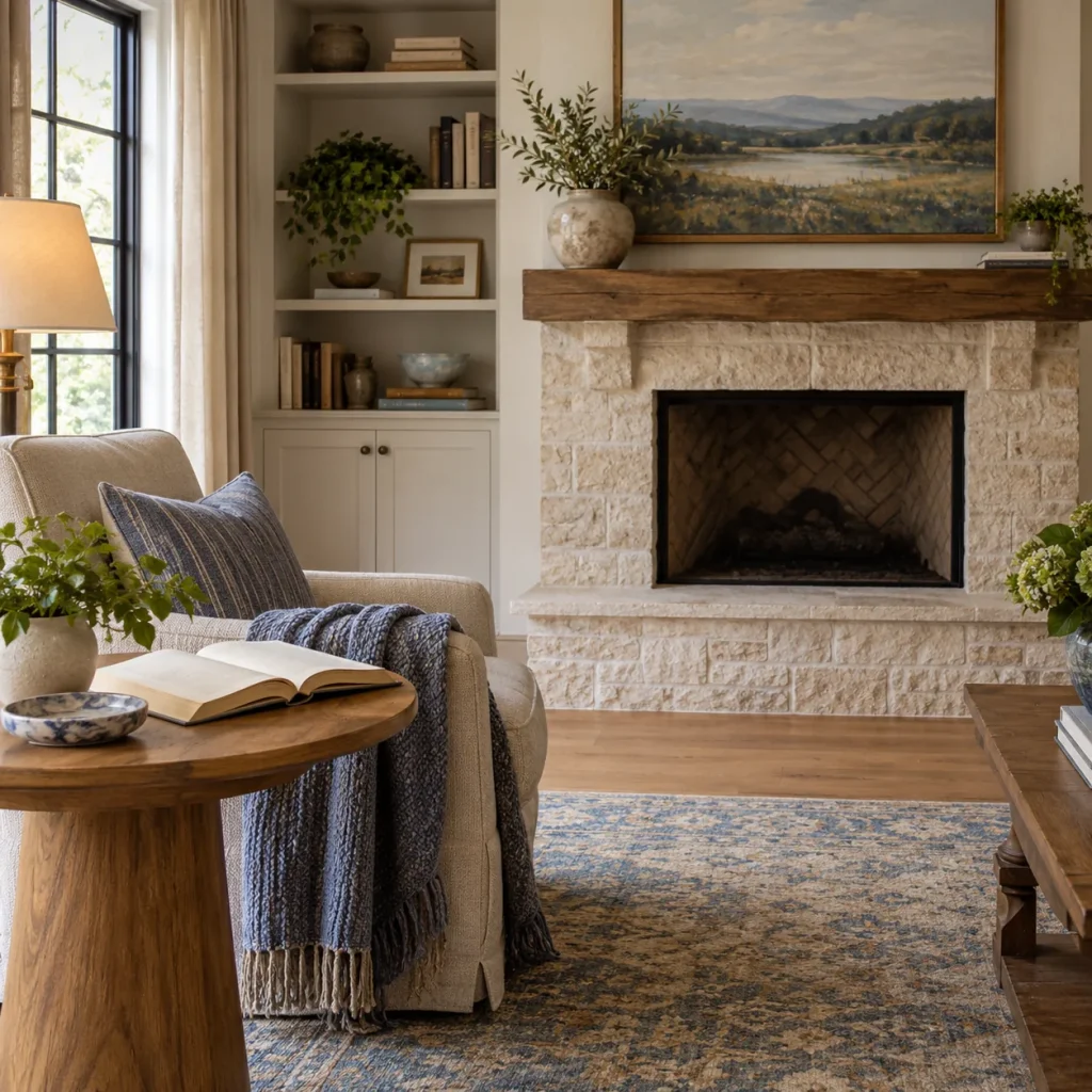 A comfortable living room reading chair with a side table and an open book.