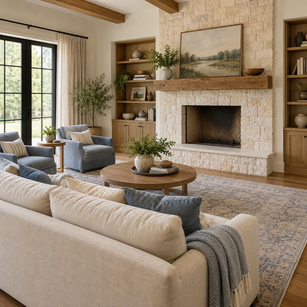 A full three-seat oatmeal sofa facing a stone fireplace across an open rug and low round coffee table.