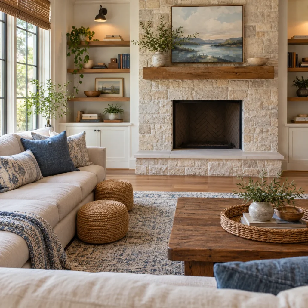 Two small woven poufs tucked beside sofa far from hearth.
