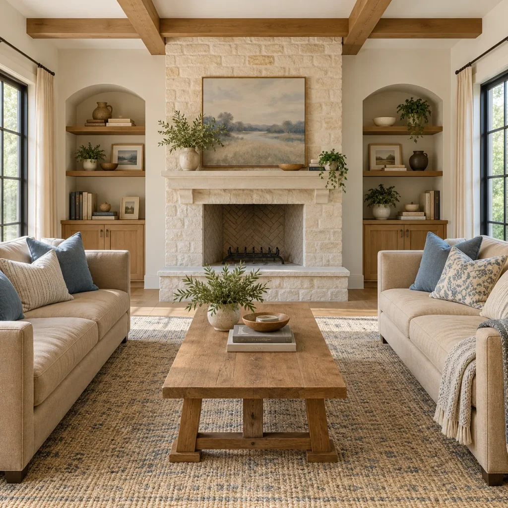 Two matching tan sofas facing each other perpendicular to distant fireplace wall.
