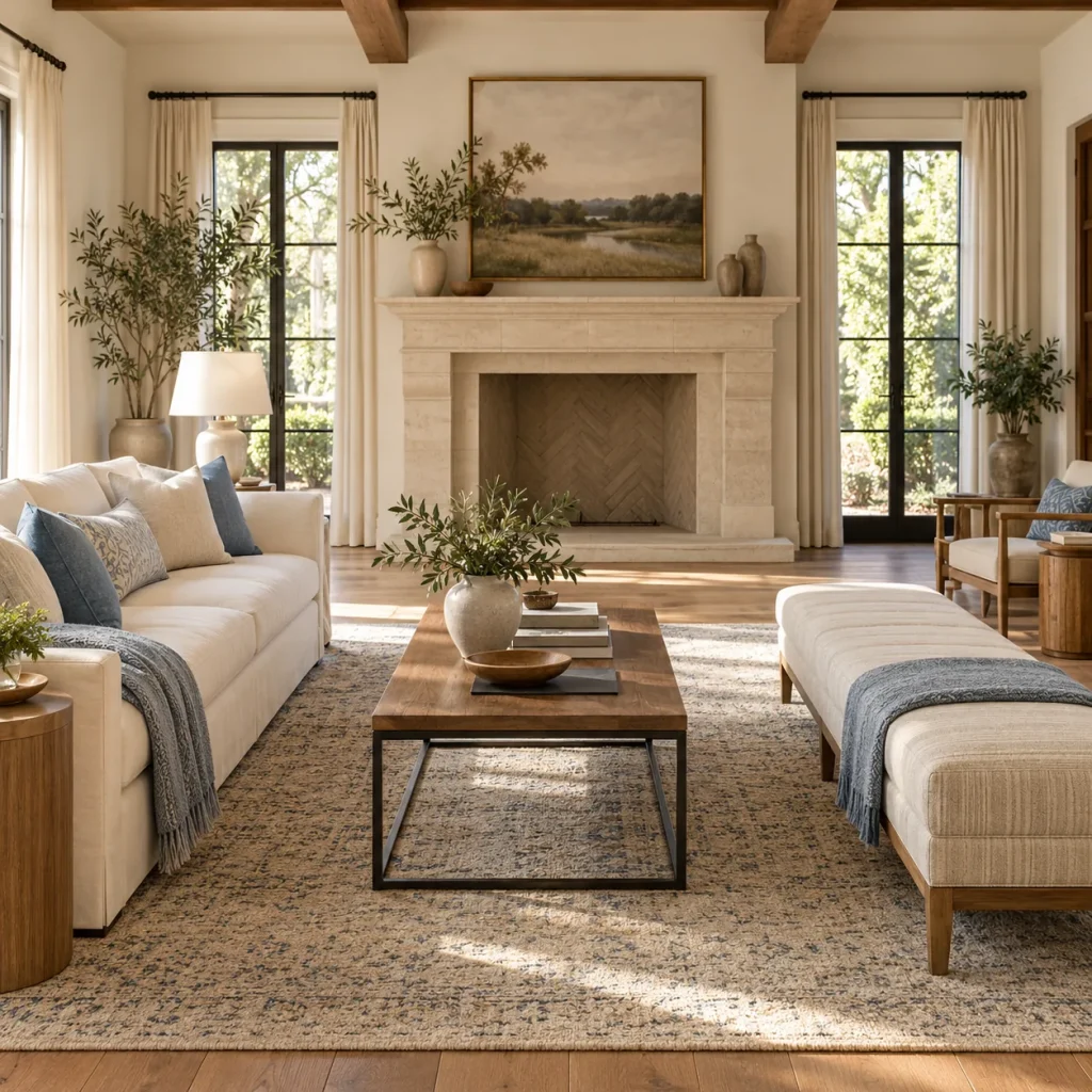 Cream sofa opposite a low backless upholstered bench-like settee.