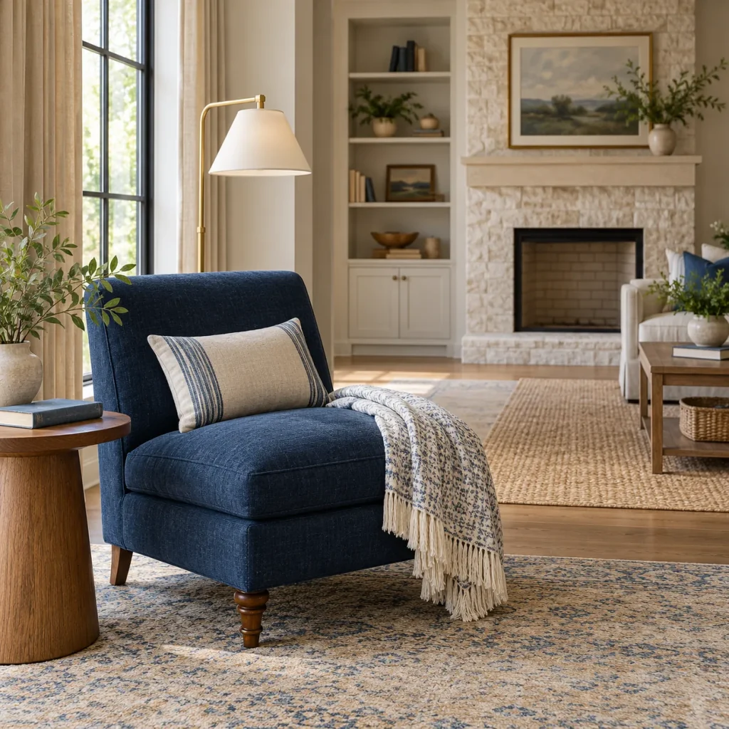 Compact armless slipper chair in navy fabric.