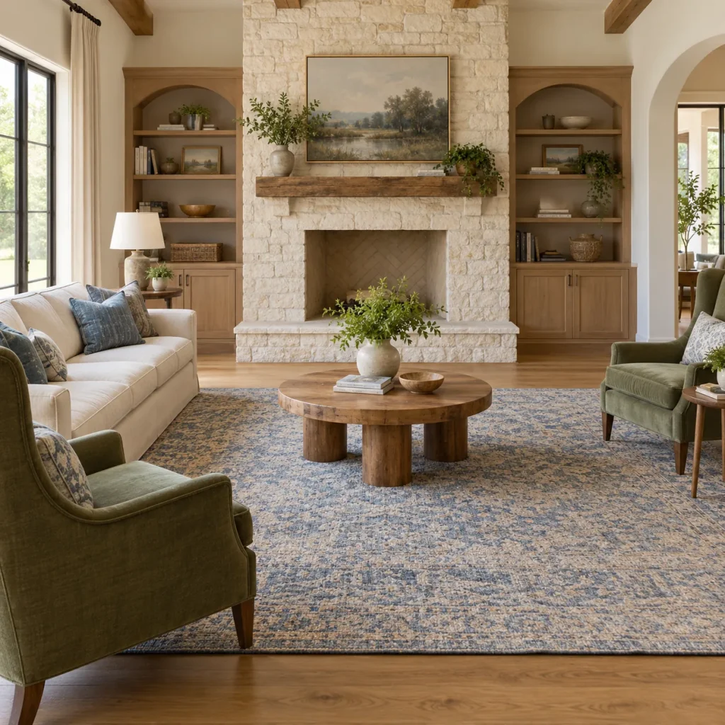 Two high-back green chairs placed diagonally on corners of a square rug.
