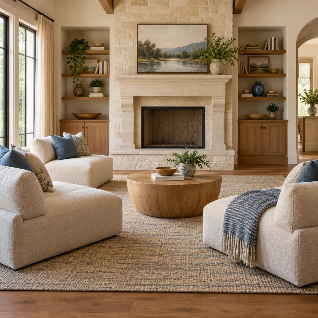 Three low neutral modular chair units in a loose U shape facing unlit fireplace.