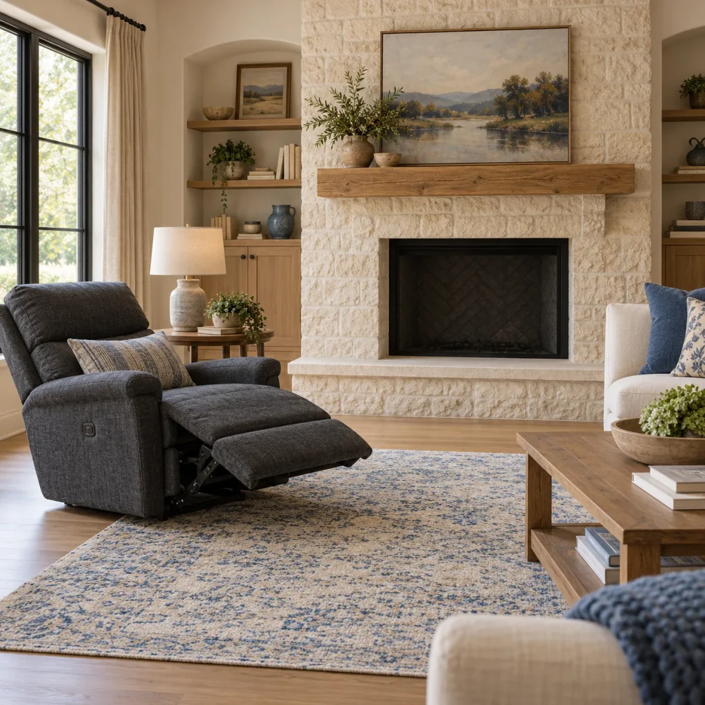 Single charcoal recliner fully extended well away from fireplace.